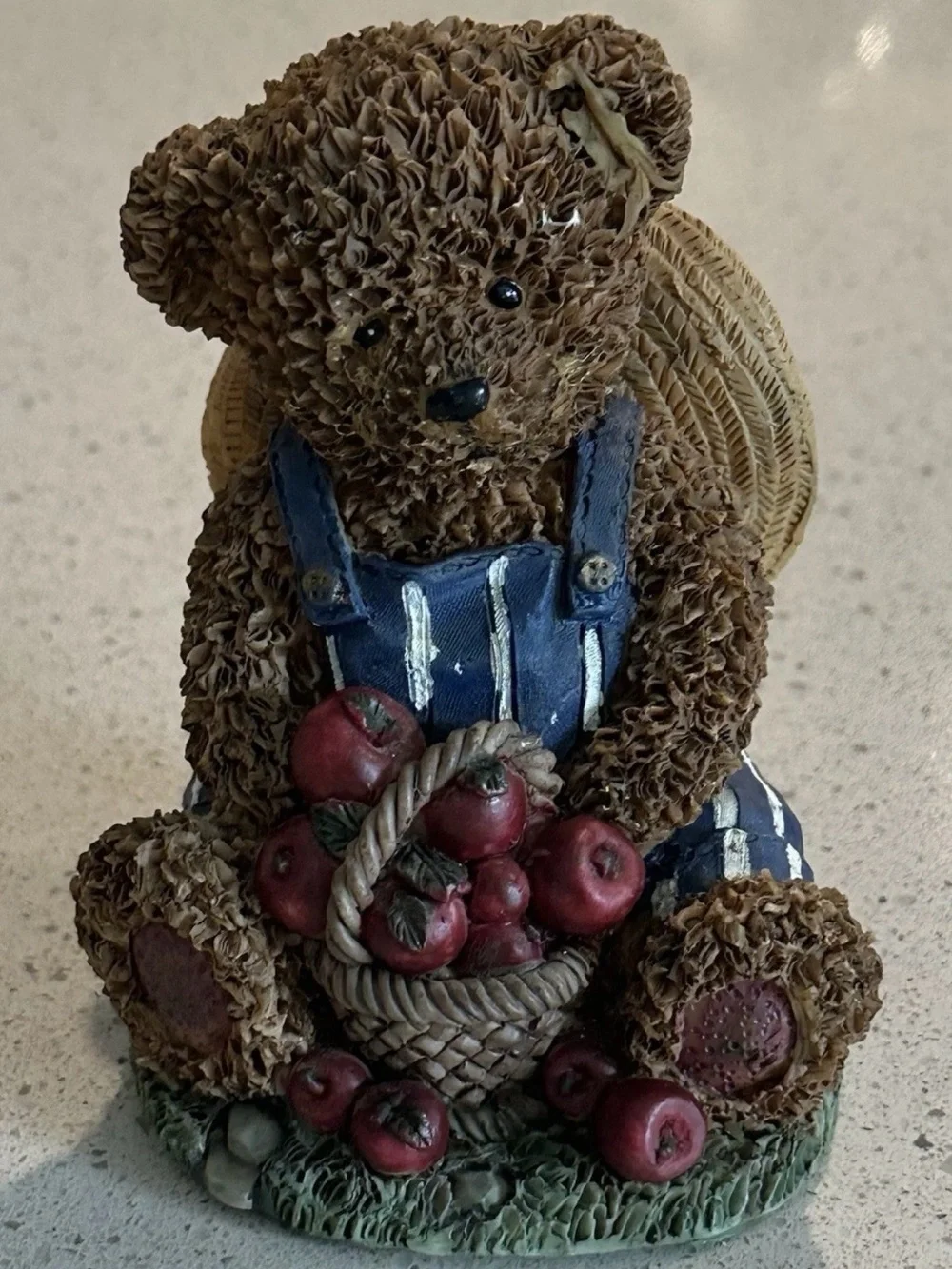 Brown Bear Figurine with Blue Striped Overalls & Apple Basket
